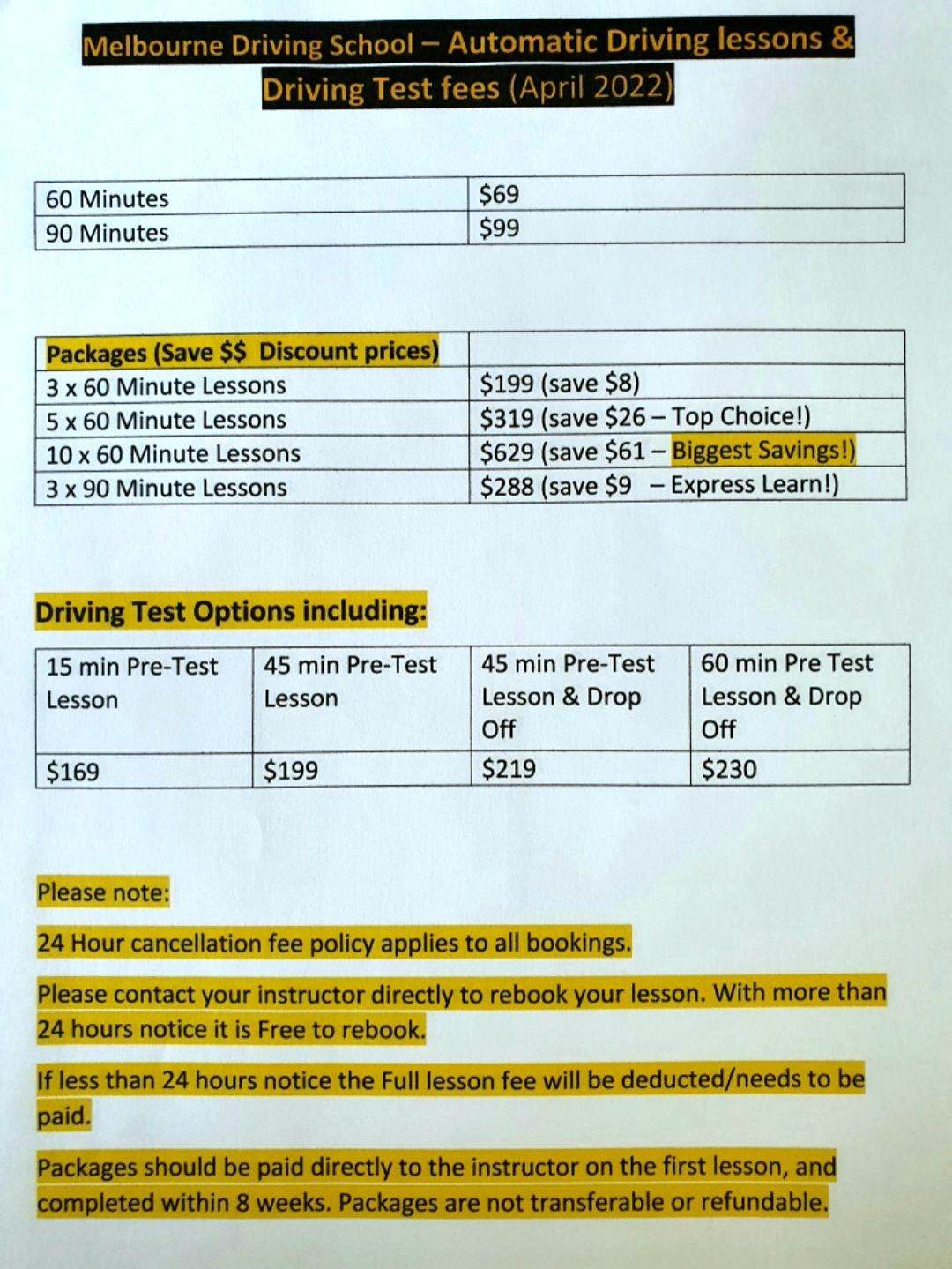 driving lessons price list